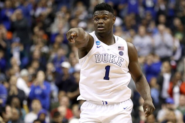 WASHINGTON, DC - MARCH 31:  Zion Williamson #1 of the Duke Blue Devils reacts against the Michigan State Spartans during the second half in the East Regional game of the 2019 NCAA Men's Basketball Tournament at Capital One Arena on March 31, 2019 in Washington, DC. (Photo by Patrick Smith/Getty Images)