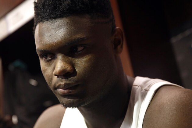 Duke forward Zion Williamson speaks with the news media in the Duke locker room after an NCAA men's East Regional final college basketball game against Michigan State, Sunday, March 31, 2019, in Washington. (AP Photo/Patrick Semansky)