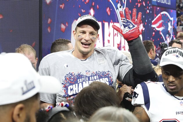 New England Patriots' Rob Gronkowski waves after the NFL Super Bowl 53 football game between the Los Angeles Rams and the New England Patriots, Sunday, Feb. 3, 2019, in Atlanta. The New England Patriots won 13-3. (AP Photo/Steve Luciano)