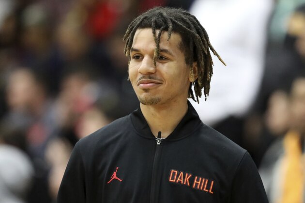 Oak Hill Academy's Cole Anthony is seen before a game against IMG Academy during a high school basketball game at the Hoophall Classic, Sunday, January 20, 2019, in Springfield, MA. (AP Photo/Gregory Payan)