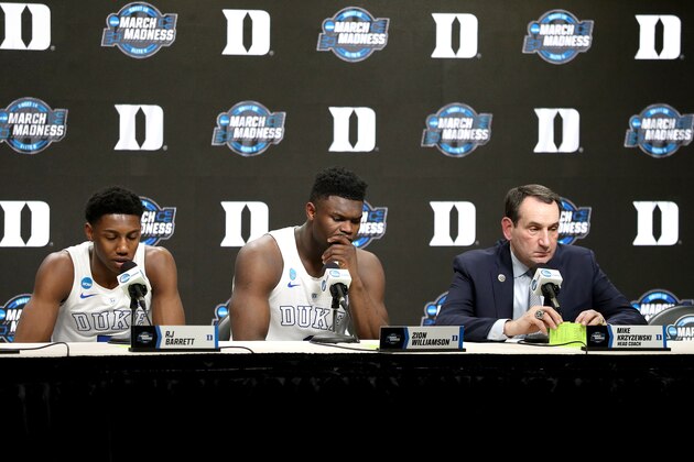 WASHINGTON, DC - MARCH 31:  RJ Barrett #5 and Zion Williamson #1 and head coach Mike Krzyzewski of the Duke Blue Devils speak to the media after their teams 68-67 loss to the Michigan State Spartans in the East Regional game of the 2019 NCAA Men's Basketball Tournament at Capital One Arena on March 31, 2019 in Washington, DC. (Photo by Patrick Smith/Getty Images)