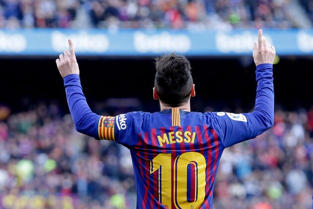 BARCELONA, SPAIN - MARCH 30: Lionel Messi of FC Barcelona celebrate goal during the La Liga Santander  match between FC Barcelona v Espanyol at the Camp Nou on March 30, 2019 in Barcelona Spain (Photo by Jeroen Meuwsen/Soccrates/Getty Images)