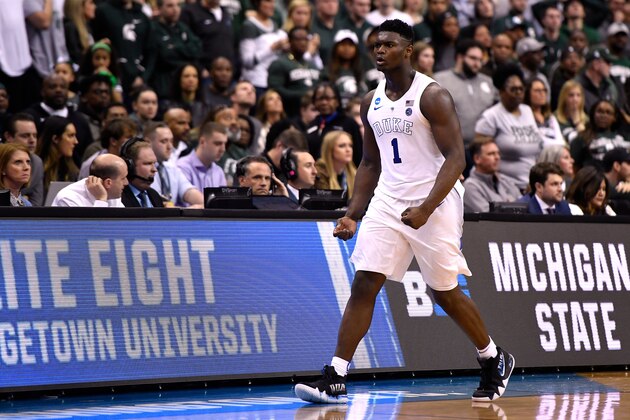 WASHINGTON, DC - MARCH 31: Zion Williamson #1 of the Duke Blue Devils reacts in the second half against the Michigan State Spartans during the 2019 NCAA Men's Basketball Tournament East Regional Final at Capital One Arena on March 31, 2019 in Washington, DC. (Photo by Lance King/Getty Images)