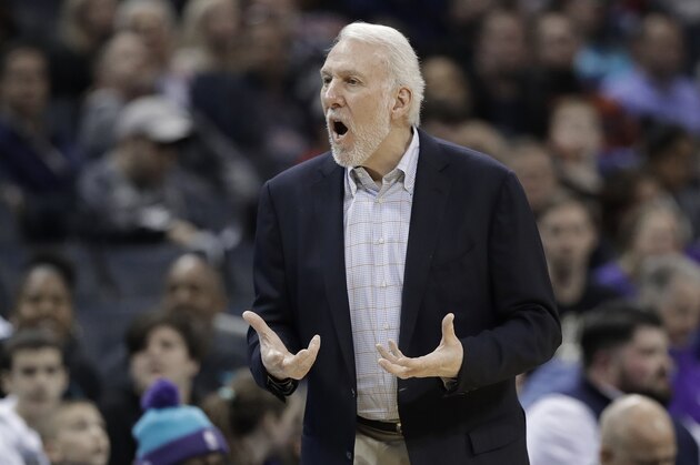 San Antonio Spurs head coach Gregg Popovich argues a call during the first half of an NBA basketball game against the Charlotte Hornets in Charlotte, N.C., Tuesday, March 26, 2019. (AP Photo/Chuck Burton)