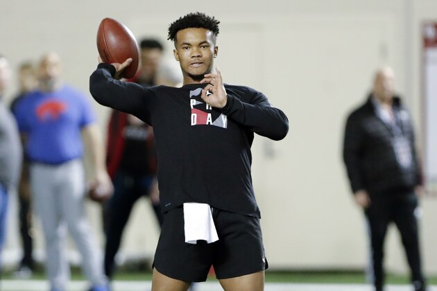 Oklahoma quarterback Kyler Murray goes through passing drills at the university's Pro Day for NFL scouts in Norman, Okla., Wednesday, March 13, 2019. (AP Photo/Alonzo Adams)