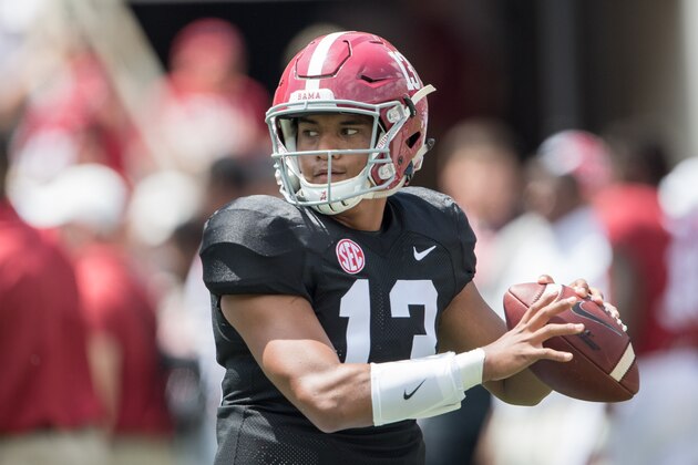 TUSCALOOSA, AL - APRIL 22: Quarterback Tua Tagovailoa #13 of the Alabama Crimson Tide at Bryant-Denny Stadium on April 22, 2017 in Tuscaloosa, Alabama. (Photo by Michael Chang/Getty Images)