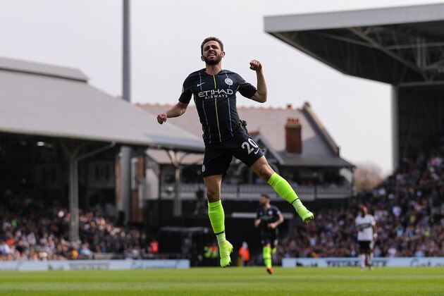 LONDON, ENGLAND - MARCH 30: Bernardo Silva of Manchester City celebrates after scoring his team's first goal during the Premier League match between Fulham FC and Manchester City at Craven Cottage on March 30, 2019 in London, United Kingdom.(Photo by Richard Heathcote/Getty Images)