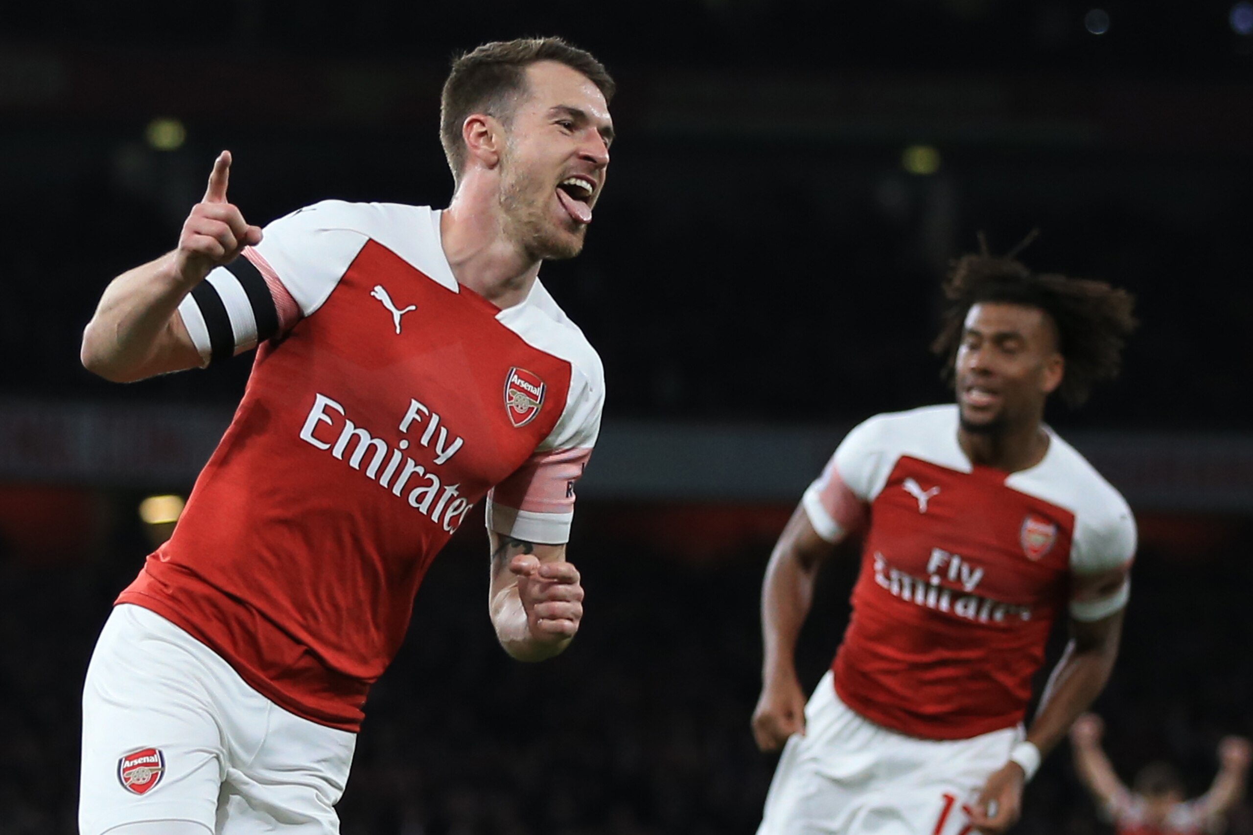 LONDON, ENGLAND - APRIL 01:  Aaron Ramsey of Arsenal celebrates scoring the opening goal during the Premier League match between Arsenal FC and Newcastle United at Emirates Stadium on April 1, 2019 in London, United Kingdom. (Photo by Marc Atkins/Getty Images)