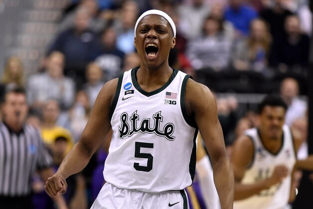 WASHINGTON, DC - MARCH 29: Cassius Winston #5 of the Michigan State Spartans reacts in the first half of their game against the LSU Tigers during the 2019 NCAA Men's Basketball Tournament East Regional Semifinals at Capital One Arena on March 29, 2019 in Washington, DC. (Photo by Lance King/Getty Images)