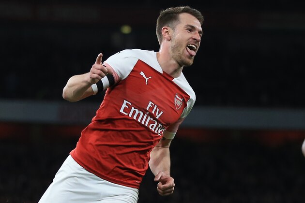 LONDON, ENGLAND - APRIL 01:  Aaron Ramsey of Arsenal celebrates scoring the opening goal during the Premier League match between Arsenal FC and Newcastle United at Emirates Stadium on April 1, 2019 in London, United Kingdom. (Photo by Marc Atkins/Getty Images)