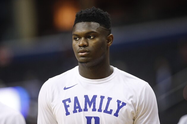 Duke forward Zion Williamson on the court warming up before the start of a NCAA men's East Regional final college basketball game against Michigan State in Washington, Sunday, March 31, 2019. (AP Photo/Patrick Semansky)