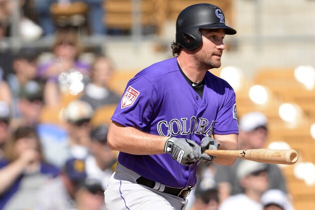 GLENDALE, ARIZONA - MARCH 02:  Daniel Murphy #9 of the Colorado Rockies bats against the Chicago White Sox on March 2, 2019 at Camelback Ranch in Glendale Arizona.  (Photo by Ron Vesely/MLB Photos via Getty Images)