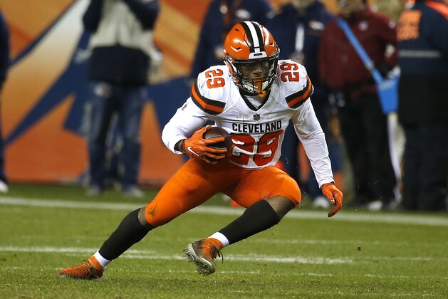 Cleveland Browns running back Duke Johnson (29) during the first half of an NFL football game against the Denver Broncos, Saturday, Dec. 15, 2018, in Denver. (AP Photo/Rick Scuteri)