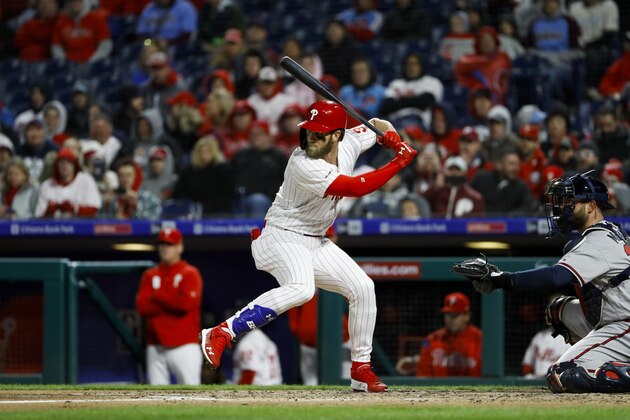 Philadelphia Phillies' Bryce Harper in action during a baseball game against the Atlanta Braves, Sunday, March 31, 2019, in Philadelphia. (AP Photo/Matt Slocum)