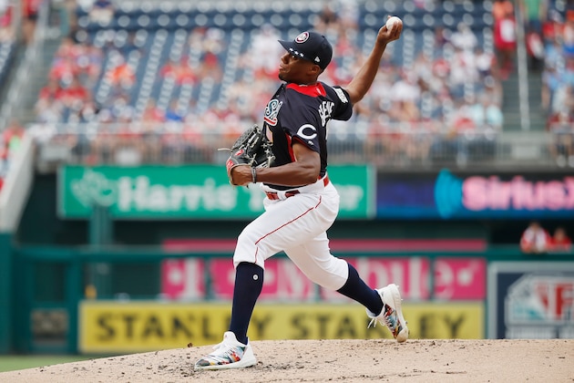 WASHINGTON, DC - JULY 15: Pitcher Hunter Greene #3 of the Cincinnati Reds and the U.S. Team works the third inning against the World Team during the SiriusXM All-Star Futures Game at Nationals Park on July 15, 2018 in Washington, DC.  (Photo by Patrick McDermott/Getty Images)
