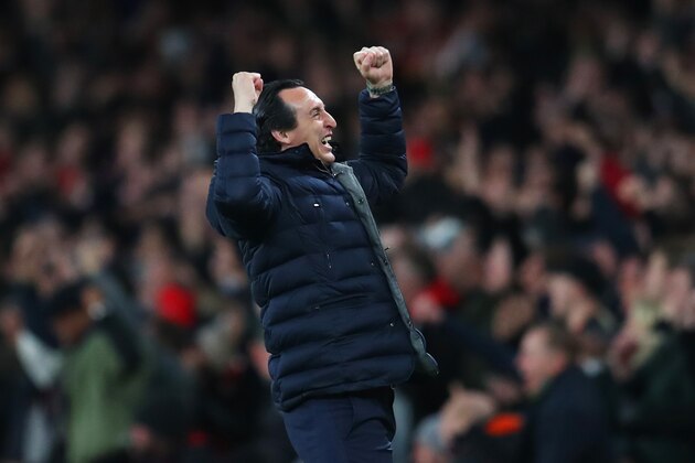 LONDON, ENGLAND - APRIL 01:  Unai Emery, Manager of Arsenal celebrates as Aaron Ramsey of Arsenal scores his team's first goal during the Premier League match between Arsenal FC and Newcastle United at Emirates Stadium on April 01, 2019 in London, United Kingdom. (Photo by Catherine Ivill/Getty Images)
