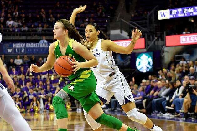 SEATTLE, WASHINGTON - JANUARY 27: Sabrina Ionescu #20 of the Oregon Ducks looks for an opportunity against Mai-Loni Henson #3 of the Washington Huskies at the Alaska Airlines Arena on January 27, 2019 in Seattle, Washington. (Photo by Alika Jenner/Getty Images) SEATTLE, WASHINGTON - JANUARY 27: Sabrina Ionescu #20 of the Oregon Ducks looks for an opportunity against Mai-Loni Henson #3 of the Washington Huskies at the Alaska Airlines Arena on January 27, 2019 in Seattle, Washington. (Photo by Alika Jenner/Getty Images)