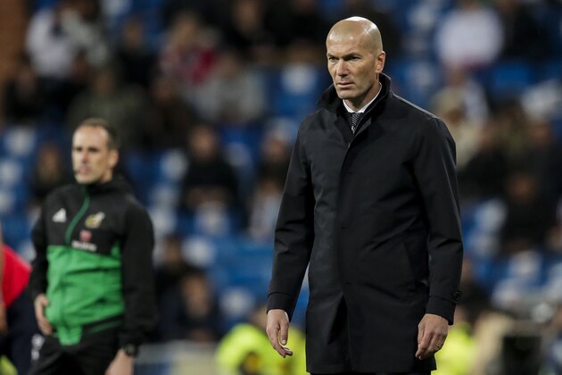 MADRID, SPAIN - MARCH 31: coach Zinedine Zidane of Real Madrid during the La Liga Santander  match between Real Madrid v SD Huesca at the Santiago Bernabeu on March 31, 2019 in Madrid Spain (Photo by David S. Bustamante/Soccrates/Getty Images)