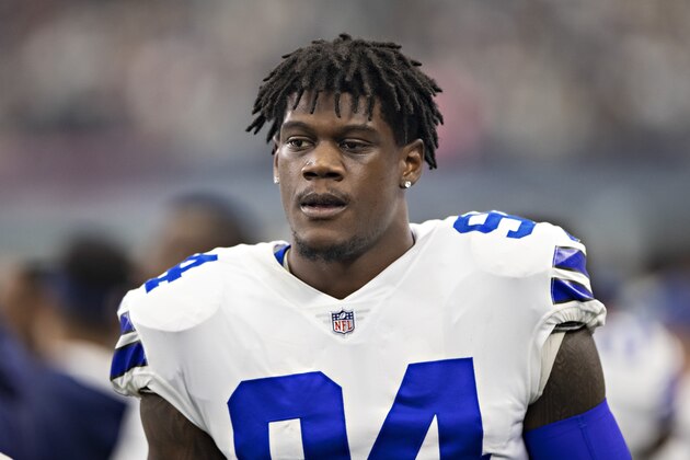 ARLINGTON, TX - OCTOBER 14:  Randy Gregory #94 of the Dallas Cowboys on the sidelines in the first half of a game against the Jacksonville Jaguars at AT&T Stadium on October 14, 2018 in Arlington, Texas.  The Cowboys defeated the Jaguars 40-7.  (Photo by Wesley Hitt/Getty Images)