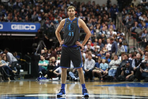 Dallas Mavericks forward Dirk Nowitzki (41) of Germany stands on the court during the second half of an NBA basketball game against the Philadelphia 76ers in Dallas, Monday, April 1, 2019. (AP Photo/LM Otero)