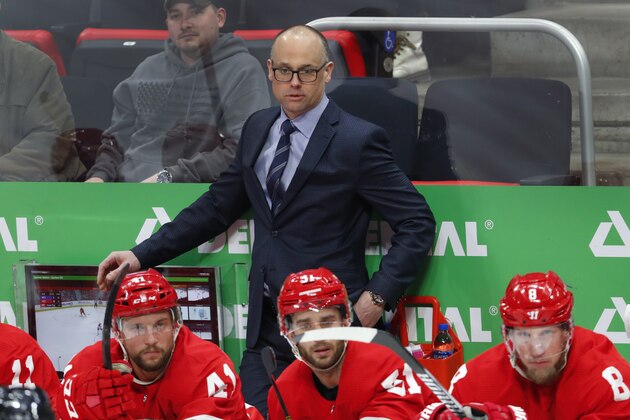 Detroit Red Wings head coach Jeff Blashill watches against the Montreal Canadiens in the second period of an NHL hockey game, Tuesday, Feb. 26, 2019, in Detroit. (AP Photo/Paul Sancya)