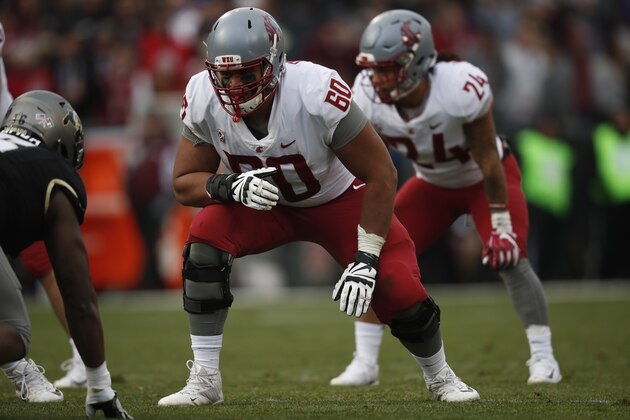 Washington State Cougars offensive lineman Andre Dillard (60) in the second half of an NCAA college football game Saturday, Nov. 10, 2018, in Boulder, Colo. Washington State won 31-7. (AP Photo/David Zalubowski)