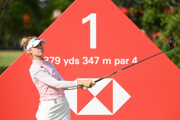 SINGAPORE, SINGAPORE - MARCH 03: Nelly Korda of the United States plays her shot from the first tee during the final round of the HSBC Women's World Championship at Sentosa Golf Club on March 03, 2019 in Singapore. (Photo by Ross Kinnaird/Getty Images)