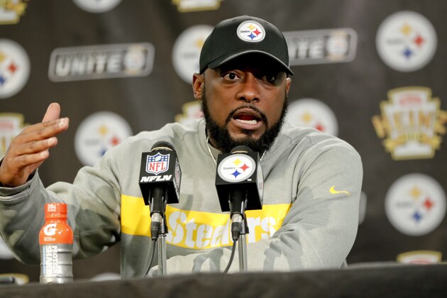 Pittsburgh Steelers head coach Mike Tomlin talks to reporters during the news conference after an NFL football game against the New England Patriots, Sunday, Dec. 16, 2018, in Pittsburgh. The Steelers won 17-10.(AP Photo/Keith Srakocic)