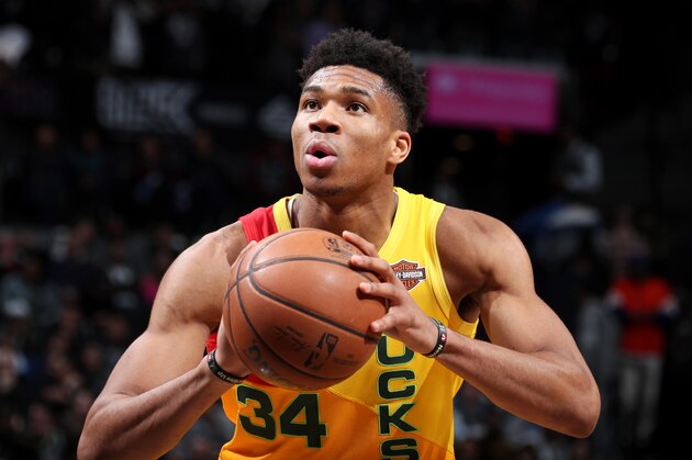 BROOKLYN, NY - APRIL 1 - Giannis Antetokounmpo #34 of the Milwaukee Bucks shoots a free-throw against the Brooklyn Nets  on April 1, 2019 at Barclays Center in Brooklyn, New York. NOTE TO USER: User expressly acknowledges and agrees that, by downloading and or using this Photograph, user is consenting to the terms and conditions of the Getty Images License Agreement. Mandatory Copyright Notice: Copyright 2019 NBAE (Photo by Nathaniel S. Butler/NBAE via Getty Images)