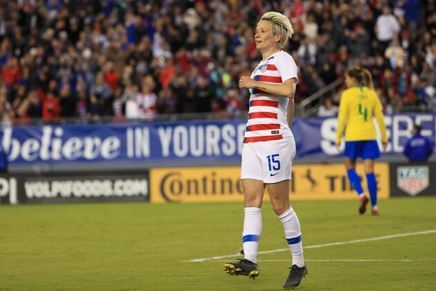 TAMPA, FLORIDA - MARCH 05: Megan Rapinoe #15 of USA runs back in the first half against Brazil during the She Believes Cup at Raymond James Stadium on March 05, 2019 in Tampa, Florida. (Photo by Mike Ehrmann/Getty Images)