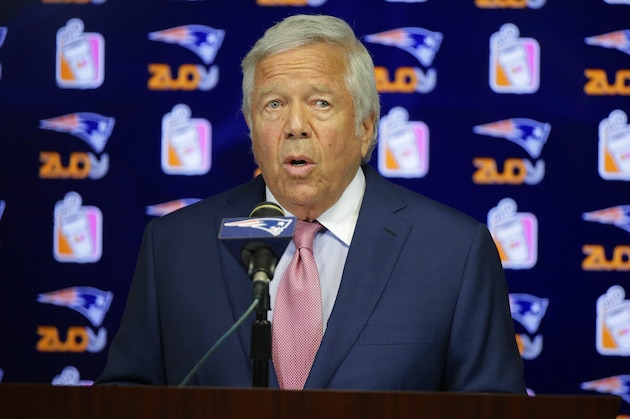FILE - In this July 29, 2015, file photo, New England Patriots owner Robert Kraft addresses a room full of reporters to make a statement condemning NFL Commissioner Roger Goodell's action upholding New England Patriots quarterback Tom Brady's four game