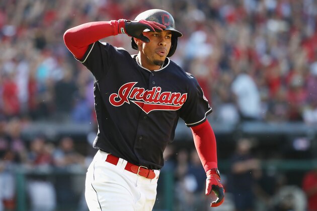 CLEVELAND, OH - OCTOBER 08:  Francisco Lindor #12 of the Cleveland Indians reacts as he runs the bases after hitting a solo home run in the fifth inning against the Houston Astros during Game Three of the American League Division Series at Progressive Field on October 8, 2018 in Cleveland, Ohio.  (Photo by Gregory Shamus/Getty Images)