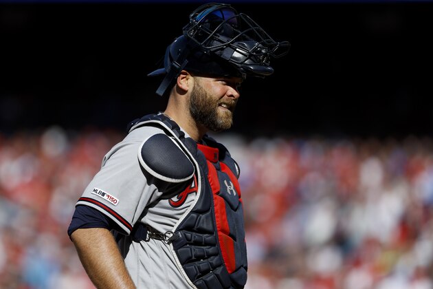 Atlanta Braves' Brian McCann in action during an opening day baseball game against the Philadelphia Phillies, Thursday, March 28, 2019, in Philadelphia. (AP Photo/Matt Slocum)