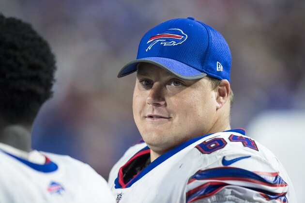 ORCHARD PARK, NY - AUGUST 10:  Richie Incognito #64 of the Buffalo Bills speaks with teammates on the sideline during the game against the Minnesota Vikings on August 10, 2017 at New Era Field in Orchard Park, New York. Minnesota defeats Buffalo 17-10.  (Photo by Brett Carlsen/Getty Images)