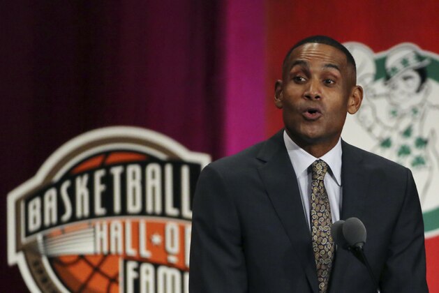 Grant Hill speaks during induction ceremonies at the Basketball Hall of Fame, Friday, Sept. 7, 2018, in Springfield, Mass. (AP Photo/Elise Amendola)