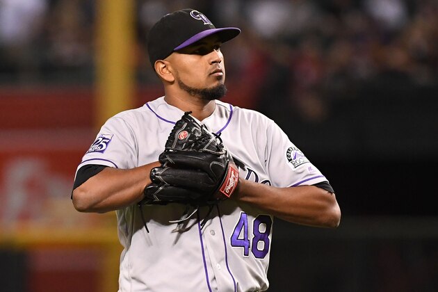 PHOENIX, AZ - SEPTEMBER 21:  German Marquez #48 of the Colorado Rockies reacts after giving up a two run home run to David Peralta #6 of the Arizona Diamondbacks (not pictured) during the first inning of the MLB game at Chase Field on September 21, 2018 in Phoenix, Arizona.  (Photo by Jennifer Stewart/Getty Images)