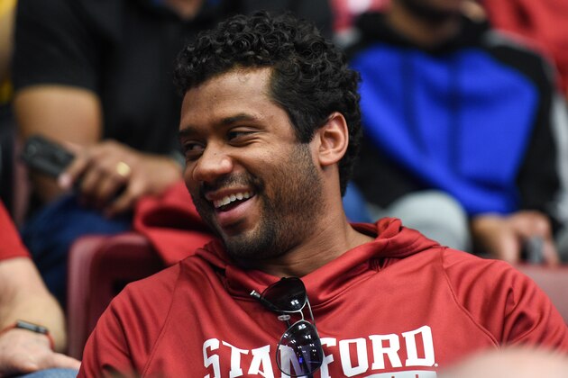 PALO ALTO, CA - MARCH 23: Russell Wilson in attendance during the first round of the NCAA Women's Basketball Tournament at Maples Pavilion on March 23, 2019 in Palo Alto, California. (Photo by Cody Glenn/Getty Images)
