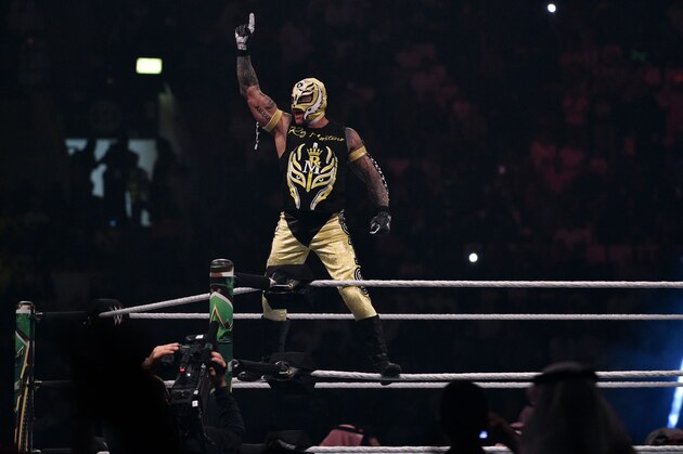 Rey Mysterio greets the crowd during the WWE World Cup Quarterfinal match as part of as part of the World Wrestling Entertainment (WWE) Crown Jewel pay-per-view at the King Saud University Stadium in Riyadh on November 2, 2018. (Photo by Fayez Nureldine / AFP)        (Photo credit should read FAYEZ NURELDINE/AFP/Getty Images)
