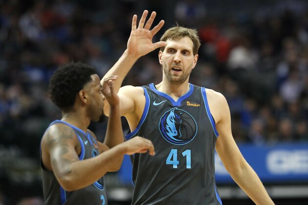 Dallas Mavericks forward Dirk Nowitzki (41) of Germany during the first half of an NBA basketball game against the Philadelphia 76ers in Dallas, Monday, April 1, 2019. (AP Photo/LM Otero)