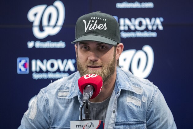 WASHINGTON, DC - April 02: Bryce Harper #3 of the Philadelphia Phillies speaks during a press conference before the game between the Washington Nationals and the Philadelphia Phillies at Nationals Park on April 2, 2019 in Washington, DC.  (Photo by Scott Taetsch/Getty Images)