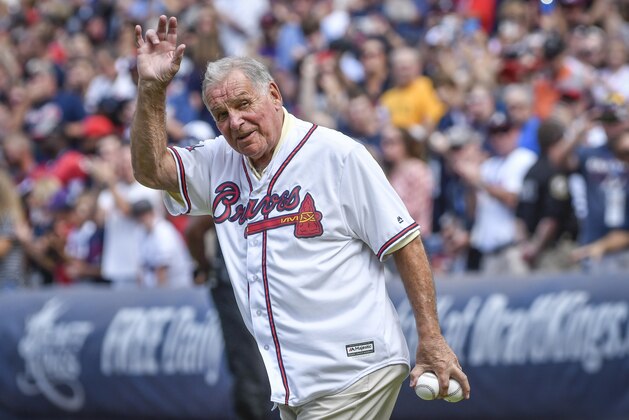 Former Atlanta Braves Manager Bobby Cox is introduced as he delivers the game balls for the first pitch before the Braves baseball game against the Detroit Tigers which is the last  Braves game at Turner Field, Sunday, Oct. 2, 2016, in Atlanta. The franchise is planning on starting the 2017 season at SunTrust Park which is under construction in Cobb County. (AP Photo/John Amis)