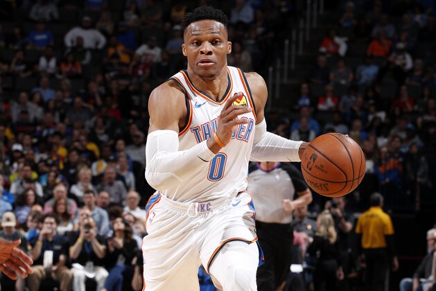OKLAHOMA CITY, OK- APRIL 2: Russell Westbrook #0 of the Oklahoma City Thunder drives to the basket against the Los Angeles Lakers on April 2, 2019 at Chesapeake Energy Arena in Oklahoma City, Oklahoma. NOTE TO USER: User expressly acknowledges and agrees that, by downloading and or using this photograph, User is consenting to the terms and conditions of the Getty Images License Agreement. Mandatory Copyright Notice: Copyright 2019 NBAE (Photo by Jeff Haynes/NBAE via Getty Images)