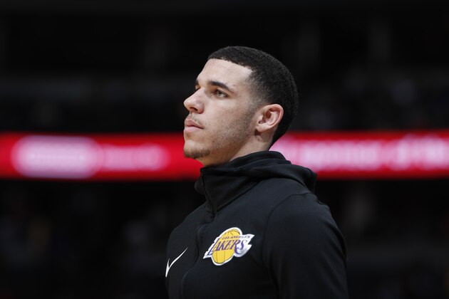Los Angeles Lakers guard Lonzo Ball (2) in the first half of an NBA basketball game Tuesday, Nov. 27, 2018, in Denver. (AP Photo/David Zalubowski)