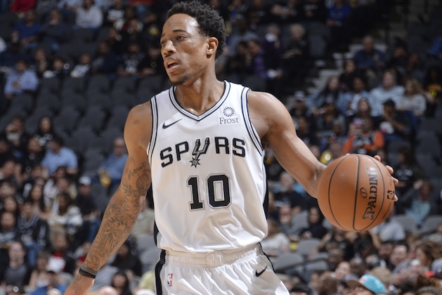 SAN ANTONIO, TX - APRIL 2: DeMar DeRozan #10 of the San Antonio Spurs handles the ball against the Atlanta Hawks on April 2, 2019 at the AT&T Center in San Antonio, Texas. NOTE TO USER: User expressly acknowledges and agrees that, by downloading and or using this photograph, user is consenting to the terms and conditions of the Getty Images License Agreement. Mandatory Copyright Notice: Copyright 2019 NBAE (Photos by Mark Sobhani/NBAE via Getty Images)