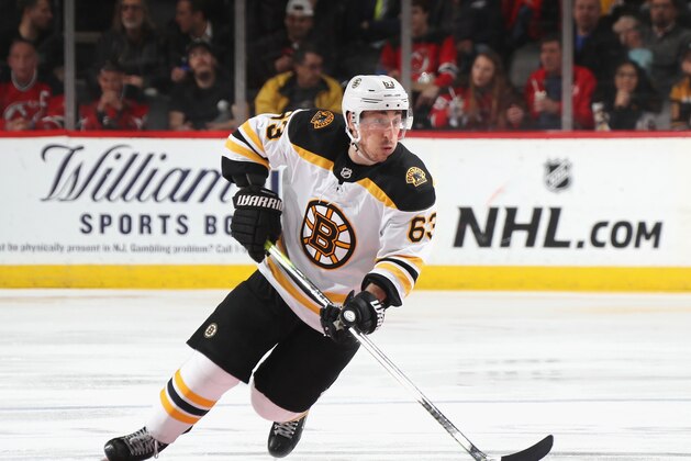 NEWARK, NEW JERSEY - MARCH 21: Brad Marchand #63 of the Boston Bruins skates against the New Jersey Devils at the Prudential Center on March 21, 2019 in Newark, New Jersey. The Bruins defeated the Devils 5-1. (Photo by Bruce Bennett/Getty Images)