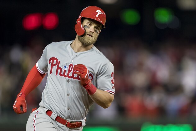 WASHINGTON, DC - April 02: Bryce Harper #3 of the Philadelphia Phillies rounds third base after hitting a two-run home run against the Washington Nationals during the eighth inning at Nationals Park on April 2, 2019 in Washington, DC.  (Photo by Scott Taetsch/Getty Images)