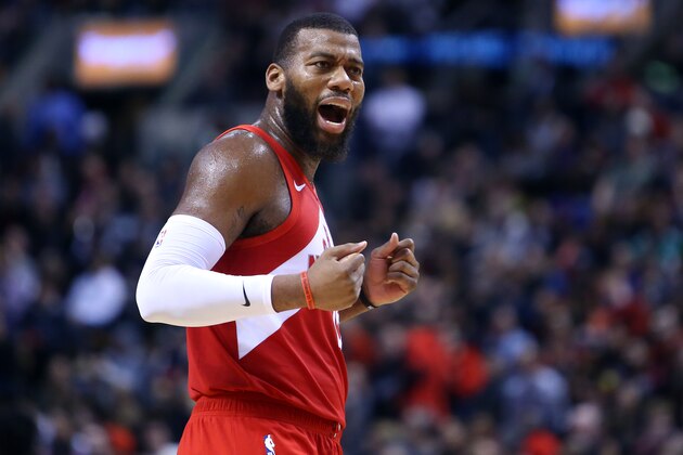 TORONTO, ON - JANUARY 6:  Greg Monroe #15 of the Toronto Raptors speaks to an official during the second half of an NBA game against the Indiana Pacers at Scotiabank Arena on January 6, 2019 in Toronto, Canada.  NOTE TO USER: User expressly acknowledges and agrees that, by downloading and or using this photograph, User is consenting to the terms and conditions of the Getty Images License Agreement.  (Photo by Vaughn Ridley/Getty Images)