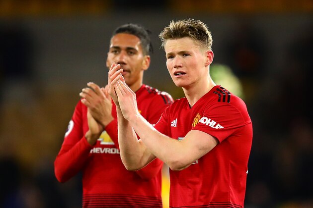 WOLVERHAMPTON, ENGLAND - APRIL 02: Scott McTominay of Manchester United applauds the supporters following the Premier League match between Wolverhampton Wanderers and Manchester United at Molineux on April 02, 2019 in Wolverhampton, United Kingdom. (Photo by Chris Brunskill/Fantasista/Getty Images)