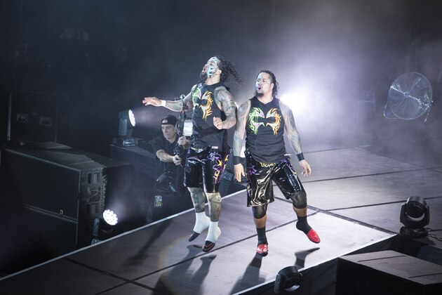 COLOGNE, GERMANY - FEBRUARY 11: The Usos during WWE Road to WrestleMania at the Lanxess Arena on February 11, 2016 in Cologne, Germany. (Photo by Marc Pfitzenreuter/Getty Images)