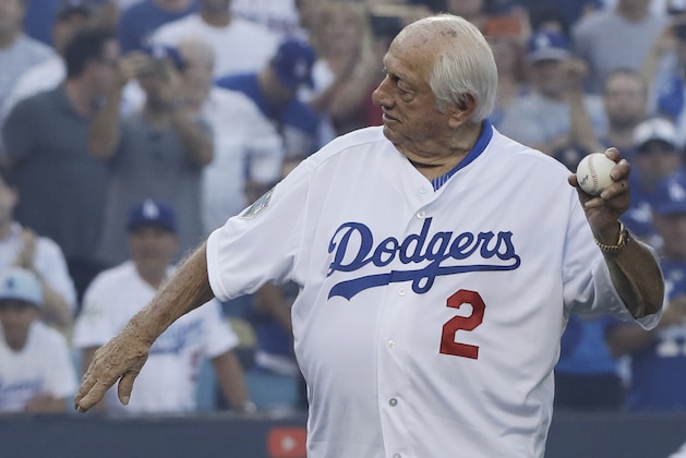 Former Los Angeles Dodgers' manager Tommy Lasorda before Game 3 of the World Series baseball game against the Boston Red Sox on Friday, Oct. 26, 2018, in Los Angeles. (AP Photo/David J. Phillip)